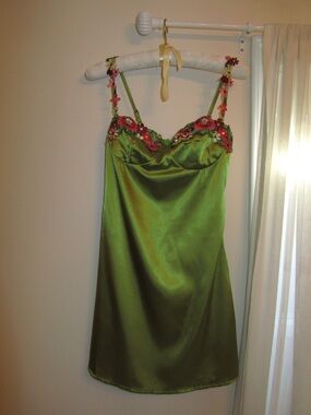 Green Satin Floral-Trim Slip Dress